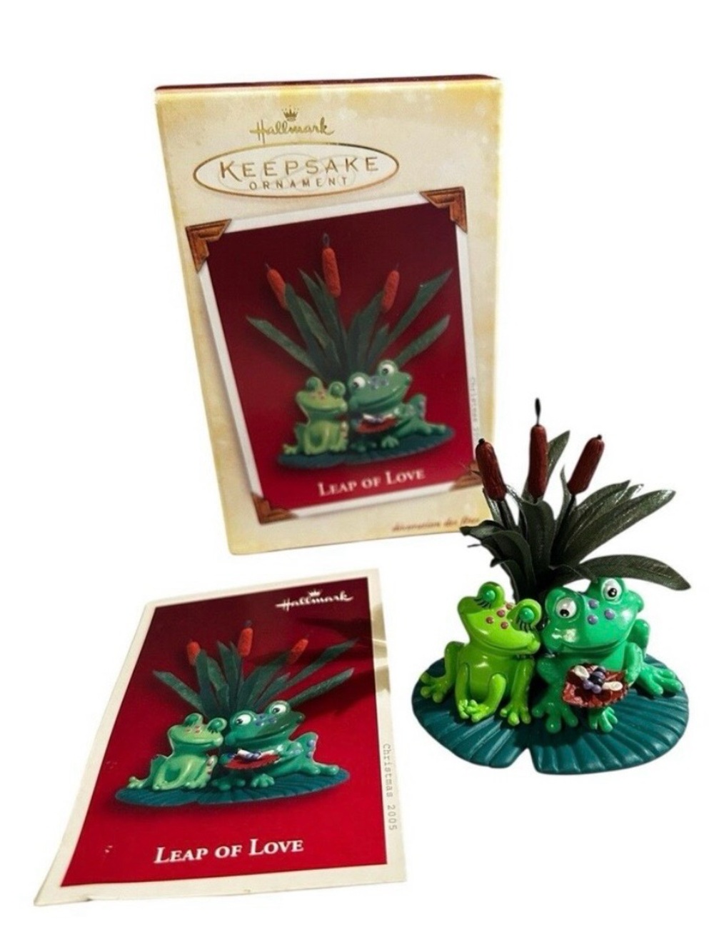 Hallmark Keepsake Ornament 2005 Leap of Love Frogs on Lilly Pad with Cat Tails